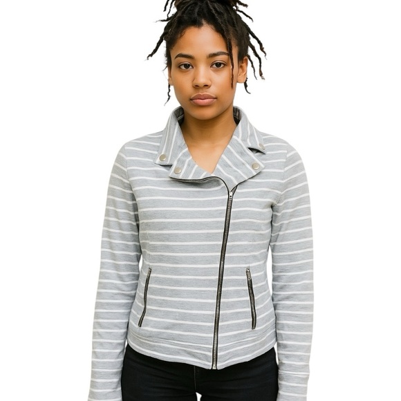 Pixley Large Grey White Stripe Thick & Cozy Motorcycle Jacket Bikercore - Picture 1 of 12